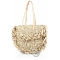Korbtragetasche Palma-Serie mit langen Ledergurten, Magnet-Verschluss. natur-Fransen, 40 x 34 cm, je Korb