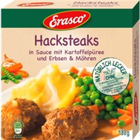 Erasco Hacksteaks in Sauce mit Kartoffelpüree und Erbsen und Möhren