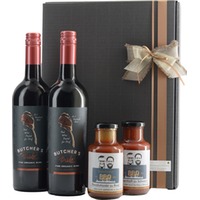 Weinpräsent mit Butchers Rotwein und Grillsaucen im Geschenkkarton